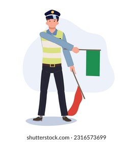 A traffic police is holding red flag down, green up and giving sign allow to walk. Flat vector cartoon illustration
