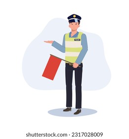 A traffic police is holding red flag. Flat vector cartoon illustration