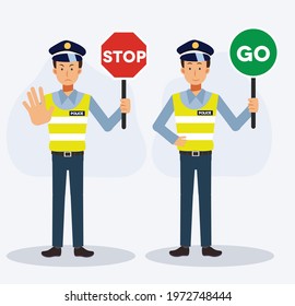 Traffic police holding sign Stop and Go. Flat vector cartoon character illustration.