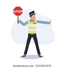 A traffic police holding stop sign , gesturing hand as stop and whistling. Flat vector cartoon illustration