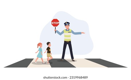 A traffic police is holding stop sign to giving way let young children walk on crosswalk. Flat vector cartoon illustration