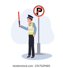 A traffic police with light baton nearing NO PARKING sign. Flat vector cartoon illustration