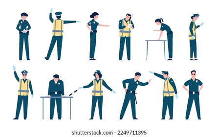 Traffic police man characters. Speeding patrol, policeman and vigilantes. Security officer, guard cops in various pose. Policemen recent vector set