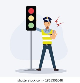 Traffic Police Near The Traffic Light Is Hand Up To Stop The Cars, Red Light. Flat Vector Cartoon Character.