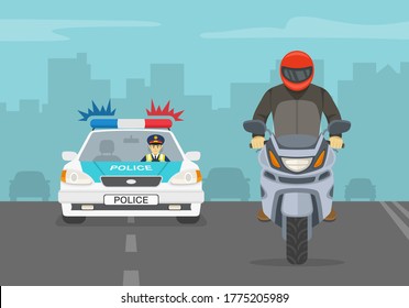 Traffic police officer chasing criminal riding a motorcycle on the highway. Flat vector illustration template.