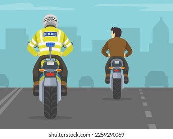 Traffic police officer chasing motorcyclist on the city road. Back view of a traffic police officer on motorcycle. Flat vector illustration template.