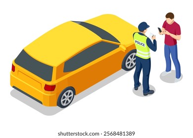 A traffic police officer checking documents of a driver near a yellow car. The interaction takes place on the road. Isometric vector style