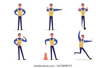 Traffic Police Officer Collection, Policeman in Uniform and Vest Standing on Road and Making Signs with his Hands Vector Illustratio