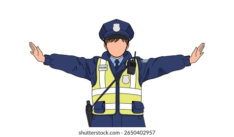 Traffic police officer directing vehicles with outstretched arms during busy city street operations