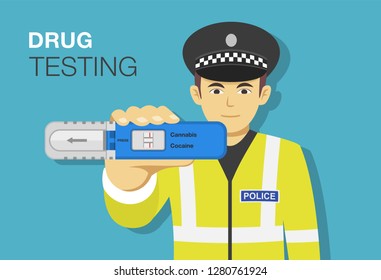 Traffic Police Officer Holding A Drug Testing Kit. Front View. Flat Vector Illustration.