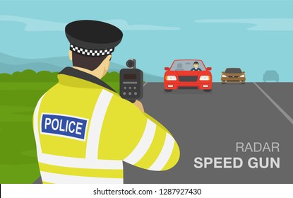 Traffic Police Officer Holding A Radar Speed Gun On Highway. Back View. Flat Vector Illustration.