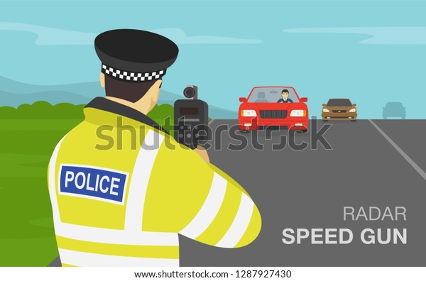 Traffic police officer holding\
a radar speed gun on highway. Back view. Flat vector\
illustration.