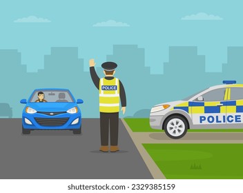 Traffic police officer makes a stop gesture with his hand and pulls over a blue sedan car on a city road. Driver looking at police officer. Flat vector illustration template.