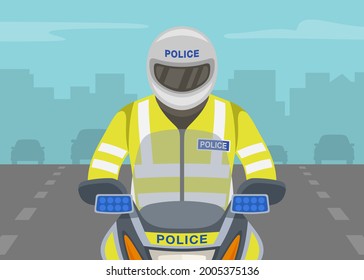 Traffic police officer riding motorcycle on the highway. Close-up view of motorcycle rider or biker wearing safety vest. Flat vector illustration template.