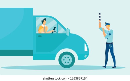 Traffic Police Officer Stops Car and Blocks Road for Fine and Violation Flat Cartoon Vector Illustration. Man in Uniform Standing in front Lorry. Man Driving Vehicle. Character with Whistle, Stick.