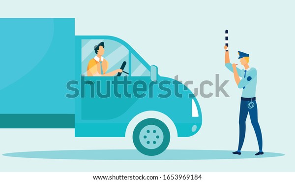 Traffic Police Officer Stops Car and Blocks Road\
for Fine and Violation Flat Cartoon Vector Illustration. Man in\
Uniform Standing in front Lorry. Man Driving Vehicle. Character\
with Whistle, Stick.