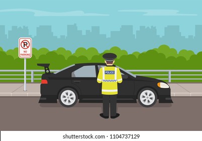 Traffic Police Officer Writing A Traffic Ticket To A Car Parked In A No Parking Area. Flat Vector Illustration.