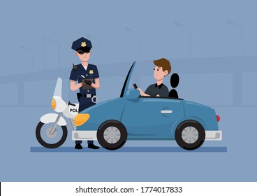 Traffic police officer writing a ticket to giving a driver on his car, flat style vector illustration