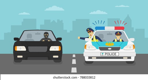 Policía persiguiendo a un criminal en un auto en la carretera. Ilustración vectorial plana.