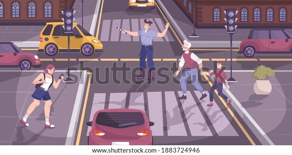 Traffic police regulation\
background with crossroad and pedestrians symbols flat vector\
illustration