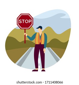 Traffic Police. Traffic Security Guard In Orange Uniform Holding Stop Sign. School Safety Patrol In Yellow Vest. Crossing Guard. Safe Street Crossing, Pedestrian Safety Concept. Vector Illustration 