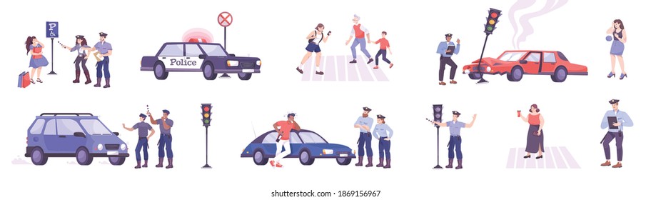 Traffic police set with rules violation symbols flat isolated vector illustration