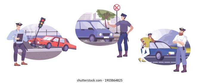 Traffic police set of three flat compositions with characters of road police officers cars and drivers vector illustration