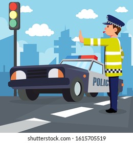 Traffic police signalling and police car background vector illustration