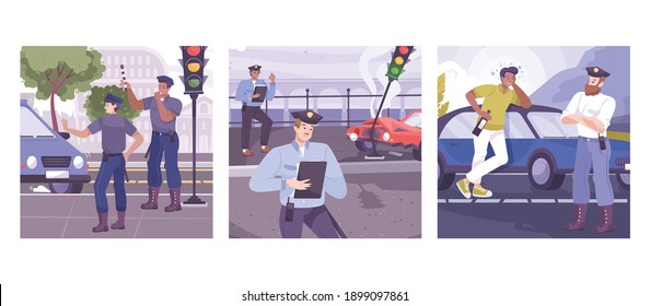 Traffic police square set with transport control symbols flat isolated vector illustration