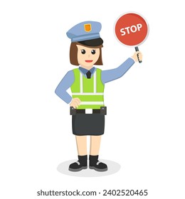 traffic police woman holding stop sign design character on white background