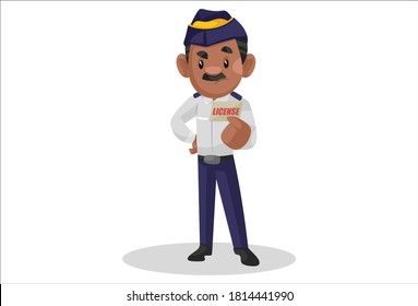 Traffic policeman is checking a license. Vector graphic illustration. Individually on white background.