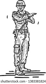 A traffic policeman gesticulating. Hand drawn vector illustration. 