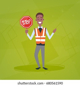 Traffic Policeman Guard Holding Stop Road Sign Flat Vector Illustration