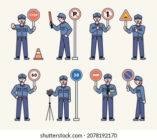 A traffic policeman is holding a road sign and giving a warning. flat design style vector illustration.