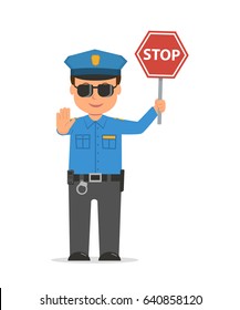 Traffic policeman holding a stop sign. Cartoon character policeman isolated on white background. Vector illustration police officer in modern flat style.