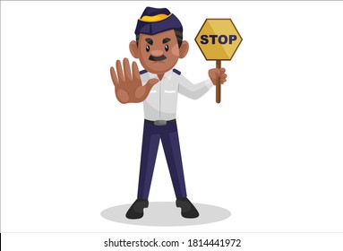 Traffic policeman is holding a stop signboard in one hand and giving stop hand sign with another hand. Vector graphic illustration. Individually on a white background.