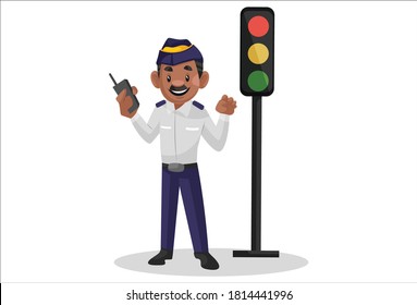 Traffic policeman is holding a walkie talkie in hand and standing at the traffic signal. Vector graphic illustration. Individually on white background.