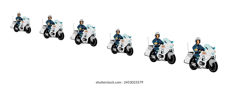 Traffic policeman officer crew in line on motorcycle on duty vector illustration isolated. Police man guard in uniform on road. Security service members protect president. Law order street patrol cop.