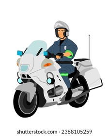 Traffic policeman officer on motorcycle on duty vector illustration isolated on white background. Police man in uniform on road. Security service member. Law and order street patrol cop.