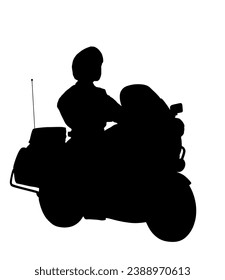 Traffic policeman officer on motorcycle on duty vector silhouette illustration isolated on white background. Police man in uniform on road. Security service member. Law and order street patrol cop.