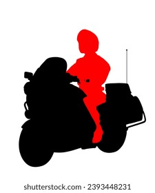Traffic policeman officer on motorcycle on duty vector silhouette illustration isolated on white background. Police man in uniform on road. Security service member. Law and order street patrol cop.