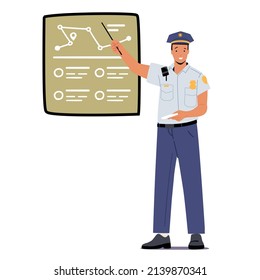 Traffic Policeman Pointing on Chart, Police Officer Wear Uniform Isolated on White Background. Cop Male Character Professional Occupation, Road Inspector Job. Cartoon People Vector Illustration