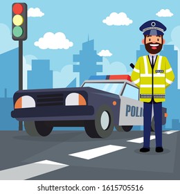 Traffic Policeman and Police Car Background Vector Illustration