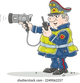 Traffic policeman with a portable speed trap and a radio transmitter while patrolling on a highway, vector cartoon illustration isolated on a white background