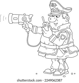 Policía de tránsito con una trampa de velocidad portátil y un transmisor de radio mientras patrulla en una autopista, ilustración de dibujos animados vectores de contorno en blanco y negro para un libro de colores