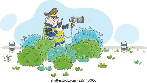 Traffic policeman with a portable speed trap and a radio transmitter hiding in roadside bushes while patrolling on a road, vector cartoon illustration isolated on a white background