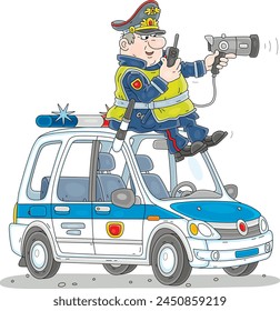 Traffic policeman with a portable speed trap and a radio transmitter sitting on a patrol police car and spying on moving automobiles on a highway, vector cartoon illustration