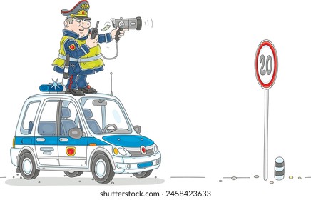 Traffic policeman with a portable speed trap and a radio transmitter standing on a patrol police car and spying on moving automobiles on a highway, vector cartoon illustration