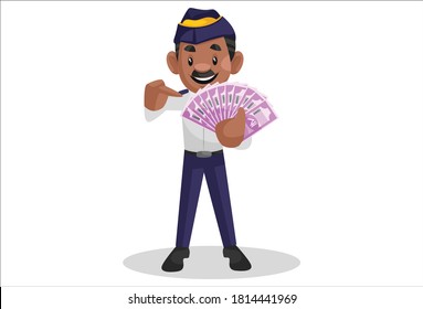 Traffic policeman is showing money notes. Vector graphic illustration. Individually on a white background.