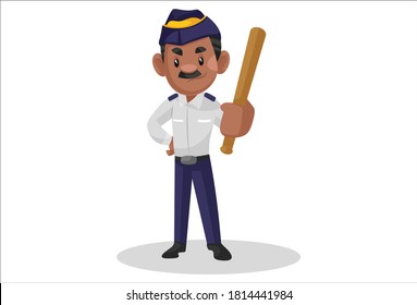 Traffic policeman is showing a stick. Vector graphic illustration. Individually on a white background.